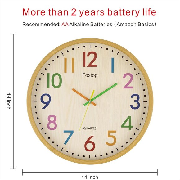 14 Inch Kids Wall Clock Silent Non-Ticking Battery Operated Colorful Childrens W - Picture 3 of 9